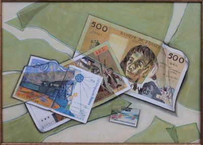 a picture of a painting of a picture of a man with money