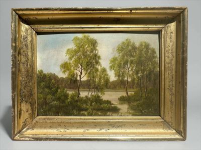 an oil painting of a landscape with trees and a river