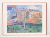 tableau représentant une peinture d'une maison et d'un bateau sur un plan d'eau