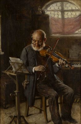 tableau représentant un vieil homme jouant du violon dans une pièce sombre