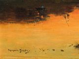 painting of a man riding a horse drawn carriage through a field