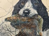a painting of a dog holding a bird in its mouth