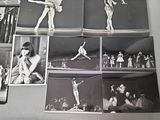 several black and white photographs of a woman performing on a stage