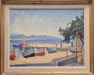 tableau représentant une scène de plage avec des bateaux sur le sable et des personnes sur l'eau