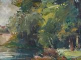 une peinture d'une rivière avec un pont à l'arrière-plan