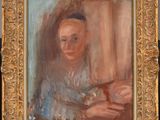 an oil painting of a woman sitting at a table with a cup in her hand