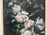 an oil painting of a bouquet of flowers in a white frame