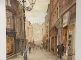 a painting of a street scene with people walking down the street