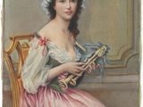 tableau représentant une femme en robe rose jouant d'un instrument de musique