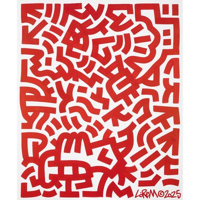 une peinture rouge et blanche représentant des lettres et des chiffres sur fond blanc
