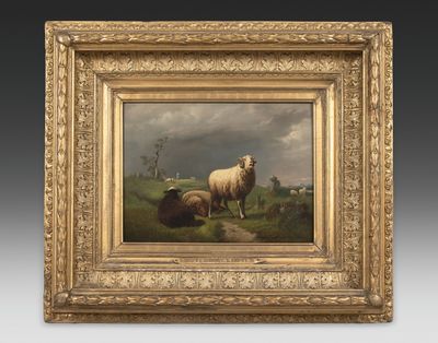 an oil painting of a sheep and a lamb in a field