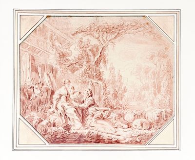 une image représentant un dessin d'un homme et d'une femme dans un environnement boisé