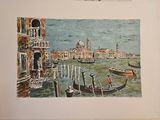 a picture of a painting of a city with gondolas on the water