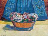 un tableau représentant une femme en robe bleue tenant un panier de fleurs