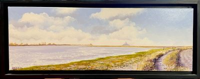 a painting of a view of a beach from a window