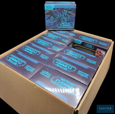 a box of pokemon trading cards on a black background