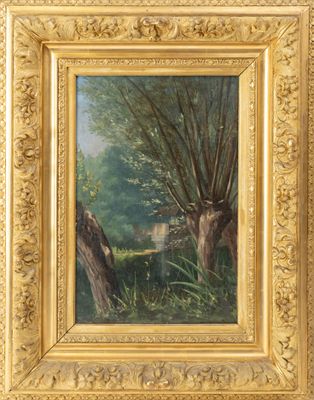an image of a painting of trees in a field with a house in the background