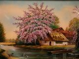 un tableau représentant une maison au bord d'une rivière, avec des canards dans l'eau
