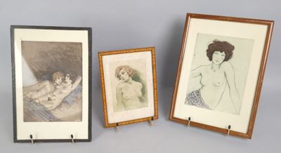 Edouard CHIMOT Réunion de trois gravures en couleurs de nus …