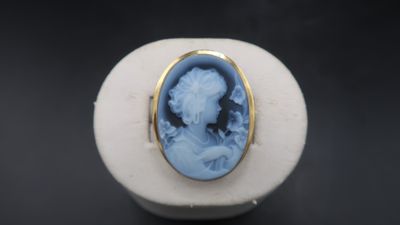 an image of a blue and white ring with a woman ' s face