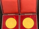 deux médailles d'or dans un écrin rouge posé sur une table