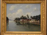 une peinture à l'huile représentant une scène de rivière avec un bateau au premier plan