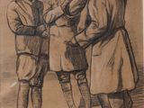 drawing of a group of men standing next to each other in front of a building