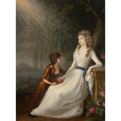 un tableau représentant une femme en robe blanche assise à côté d'une femme en robe marron