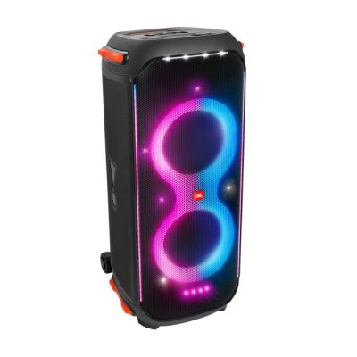 a black speaker with colorful lights on top of it