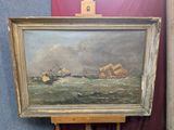 un tableau posé sur un chevalet représentant un bateau sur l'eau
