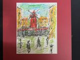 dessin représentant un moulin à vent dans une ville, avec des gens qui se promènent autour