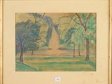 une image représentant un tableau d'un parc avec des arbres en arrière-plan