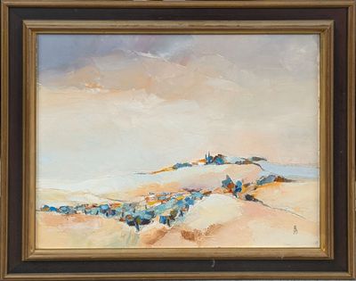 une peinture à l'huile d'un paysage avec une montagne en arrière-plan