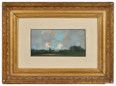 a painting of a landscape with clouds and trees in a gold frame