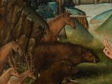 an image of a painting of a man kneeling in front of a herd of animals