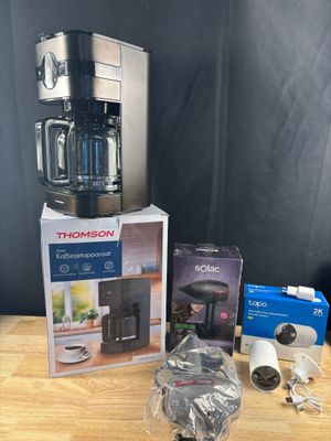 Lot cafetière à filtre Thomson (petite felure), sèche cheveu…