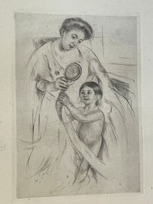 dessin représentant une femme en train de coiffer un enfant devant un miroir