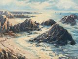painting of a beach scene with rocks and water in the foreground