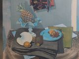 un tableau représentant une table sur laquelle se trouve une assiette de nourriture
