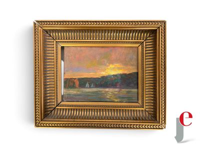une image d'un tableau représentant un coucher de soleil sur une étendue d'eau