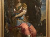 an image of a painting of a woman holding a dog