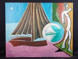 un tableau représentant un homme debout à côté d'un bateau sur l'eau