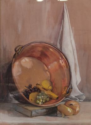 une peinture représentant une coupe de fruits sur une table