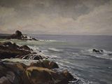 painting of a view of the ocean from a rocky shore