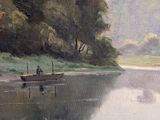 a painting of a man in a boat on the water
