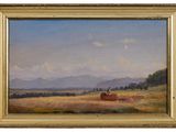 an oil painting of a landscape with a man on a horse in a field