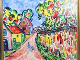 an oil painting of a person walking down a road with houses in the background
