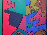 painting of a man and a woman standing in front of a colorful mural