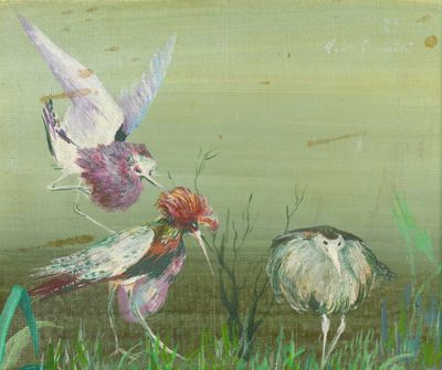 two birds that are standing in the grass by the water