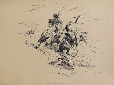 dessin représentant un homme à cheval avec un chien sur le dos